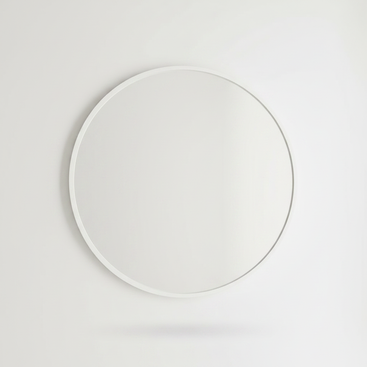 White wood-framed wall mirror studio shot on white background