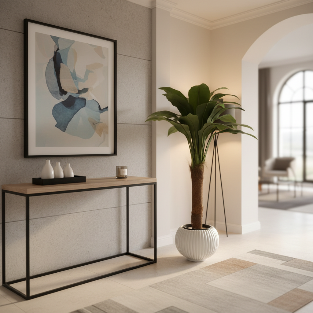 Artificial philodendron tree in modern entryway