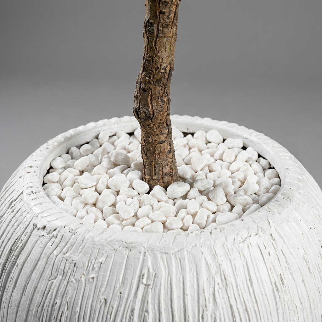 Close-up of pot and trunk base with white pebbles on gray background