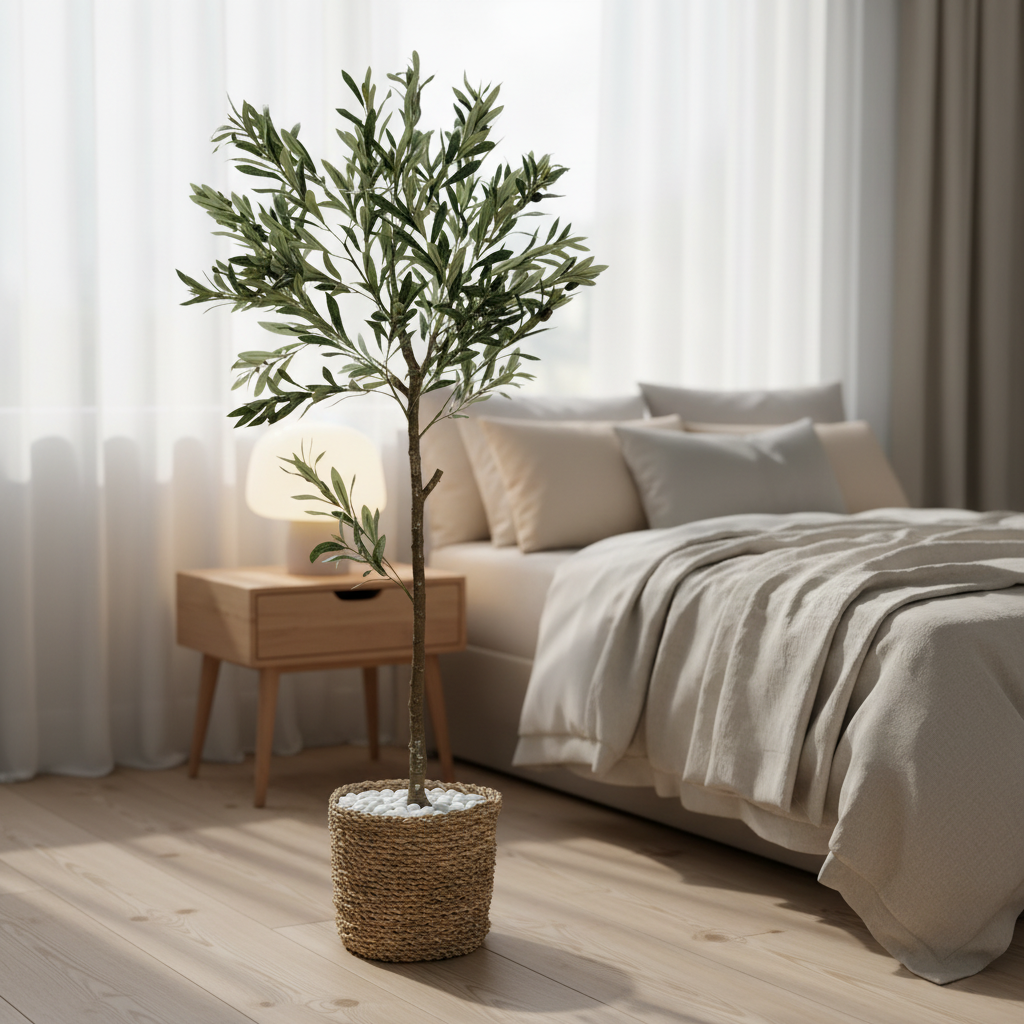 Lush artificial greenery plant in serene bedroom corner