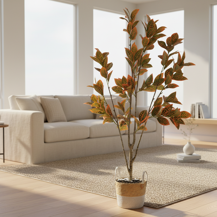 Artificial Ficus tree in modern living room with cream sofa