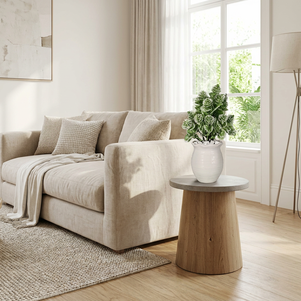 Artificial decorative plant in modern living room with white pebbles