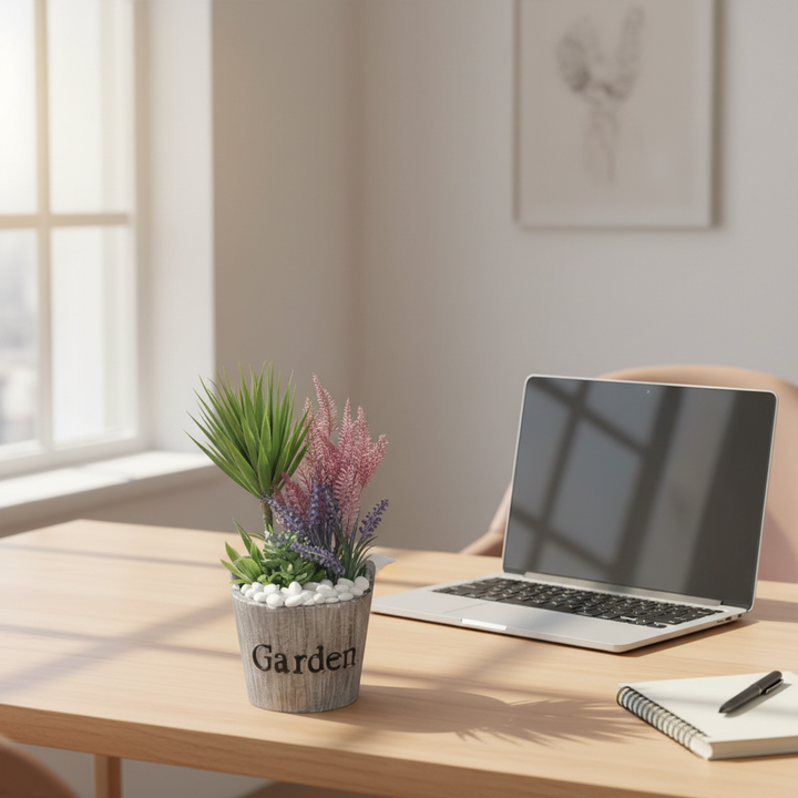 Artificial moss ball on modern office desk with laptop