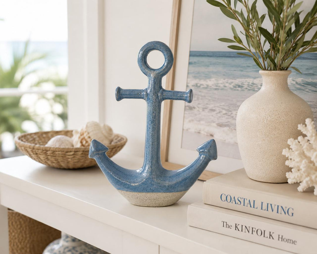 Coastal Blue Ceramic Anchor Sculpture