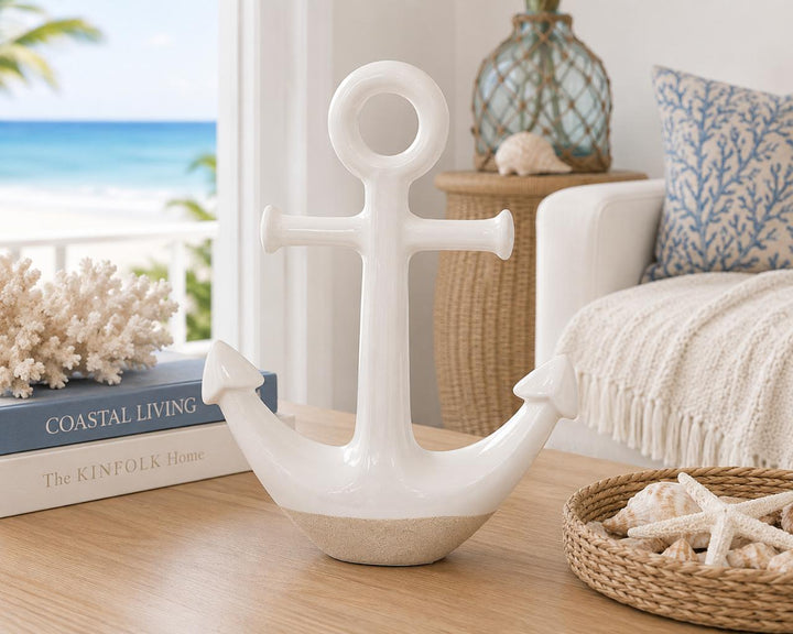 Coastal White Ceramic Anchor Sculpture