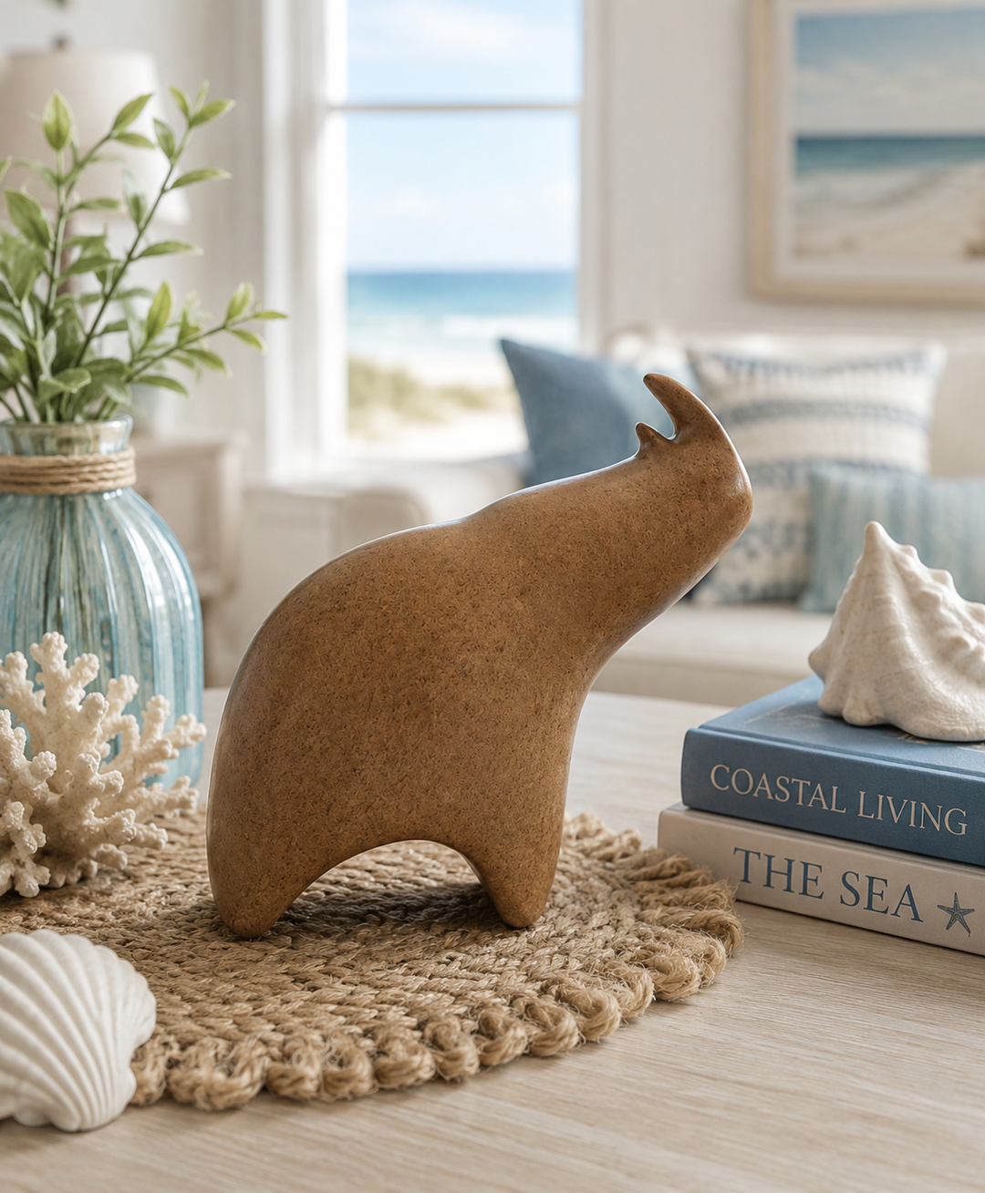 Abstract Rhino Ceramic Figurine - Coastal Brown Earthenware Accent