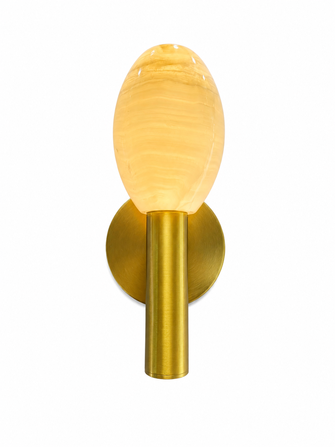 Luxury oval alabaster wall sconce with a brushed antique brass mount, providing warm ambient lighting and elegant modern style.