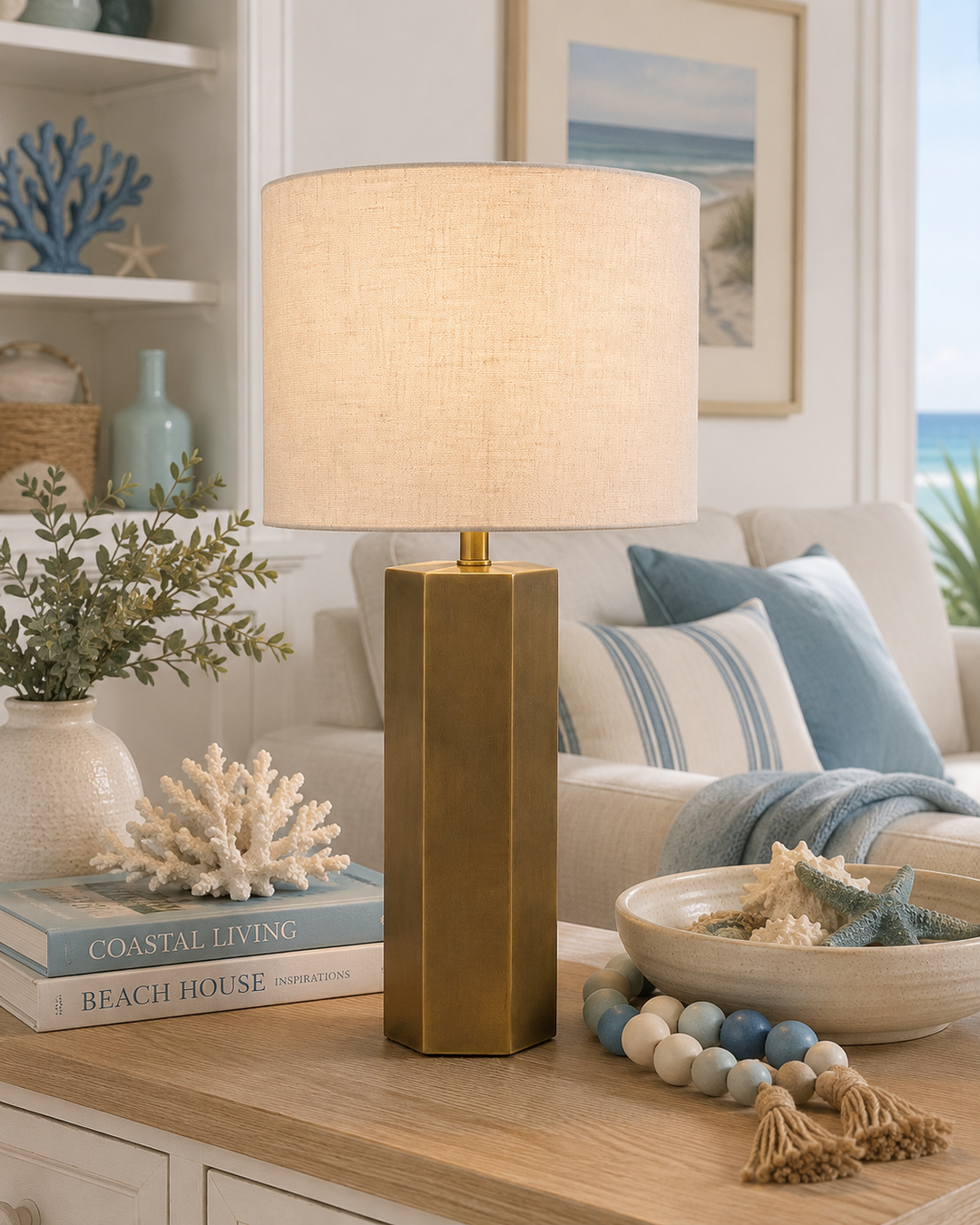 Modern Brass Table Lamp with Linen Drum Shade