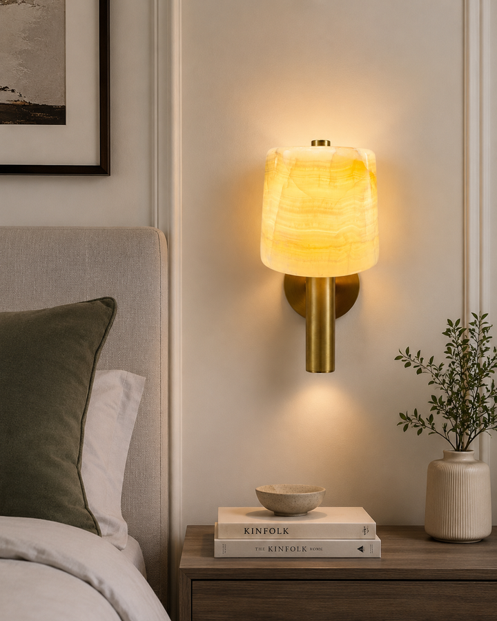 Luxury Alabaster Wall Sconce with Antique Brass Stem