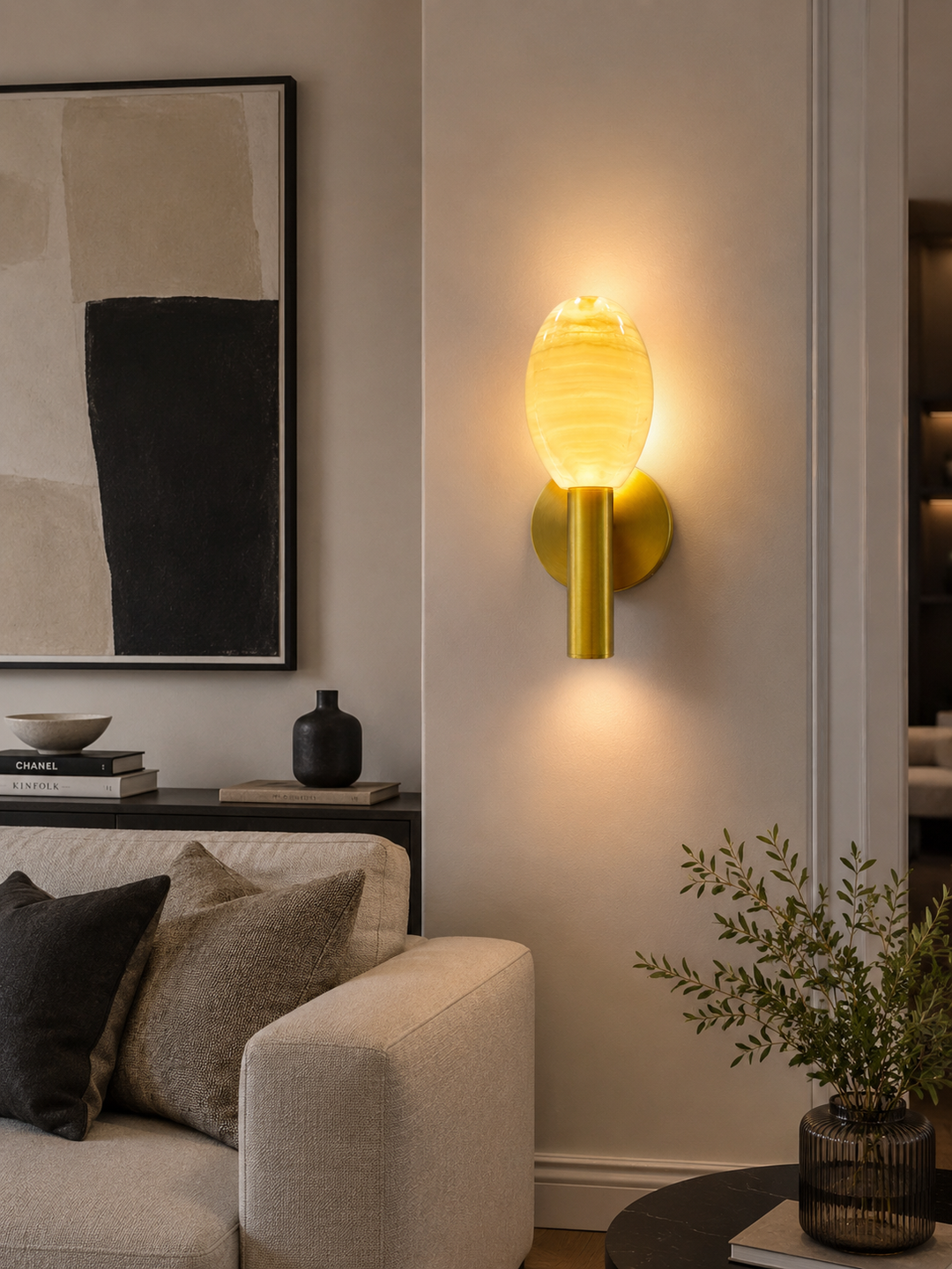 Luxury Oval Alabaster Wall Sconce in Brushed Antique Brass