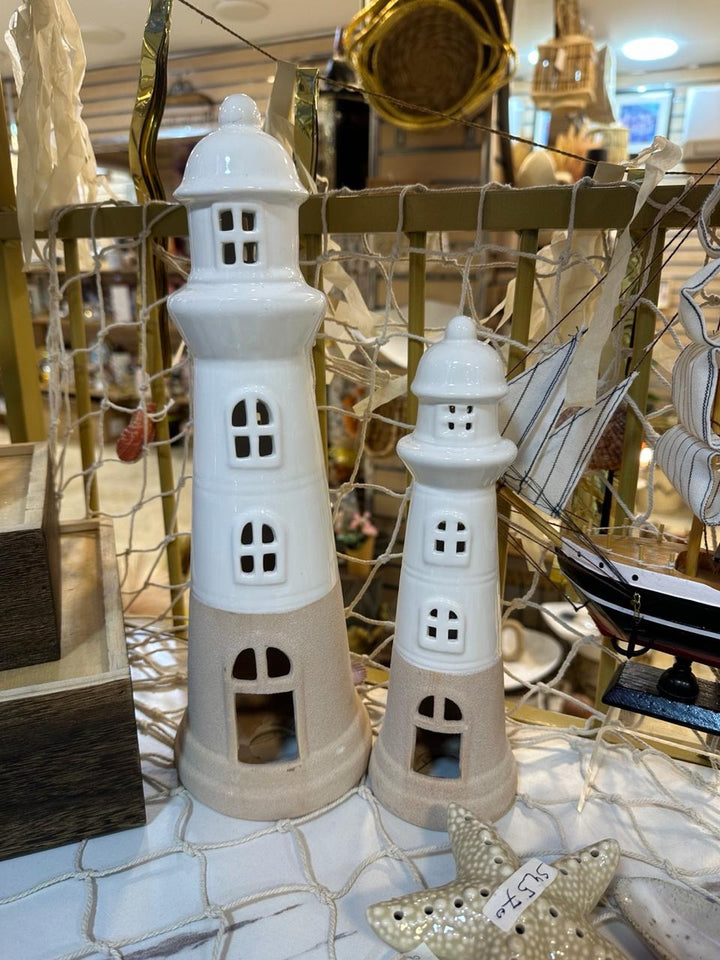 Coastal Ceramic Lighthouse Decorative Sculptures (Set of 2)