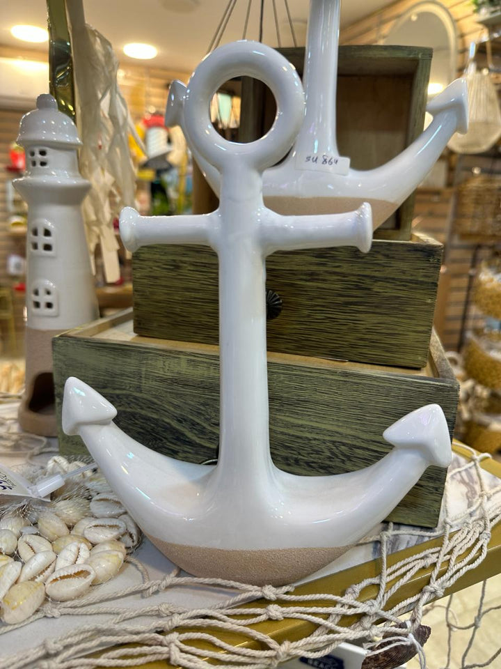 Coastal White Ceramic Anchor Sculpture