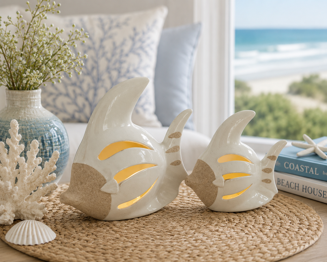 Illuminated Coastal Ceramic Fish Figurine Set