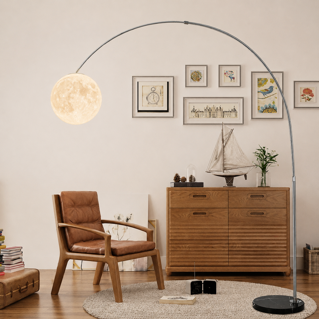 Modern arc floor lamp with glowing moon globe shade in a stylish living room