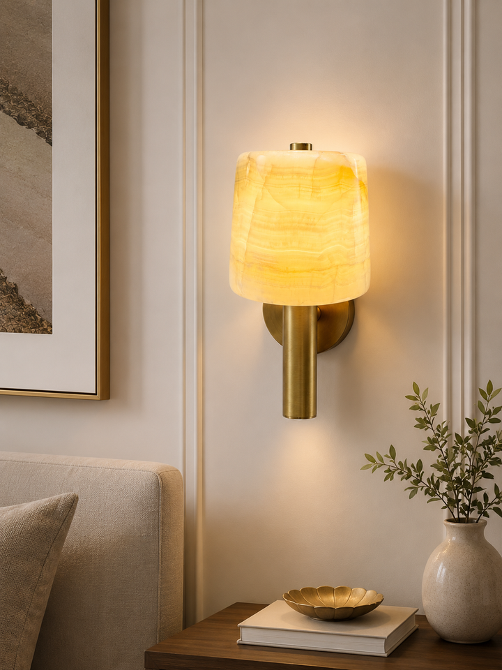 Luxury Alabaster Wall Sconce with Antique Brass Stem