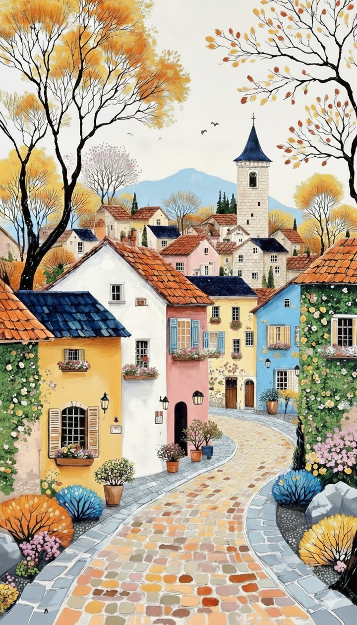 Autumn Village Street Canvas Wall Art