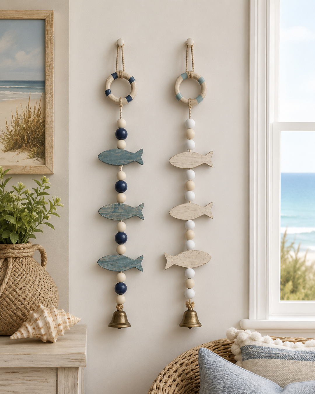 Coastal Wooden Fish Wall Hanging with Bell set of 2