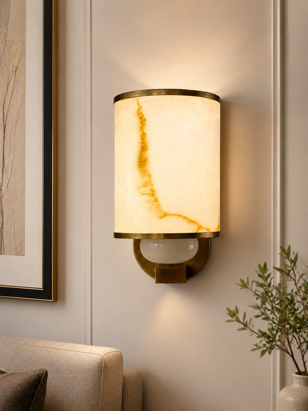 Luxury Alabaster Cylinder Wall Sconce in Antique Brass