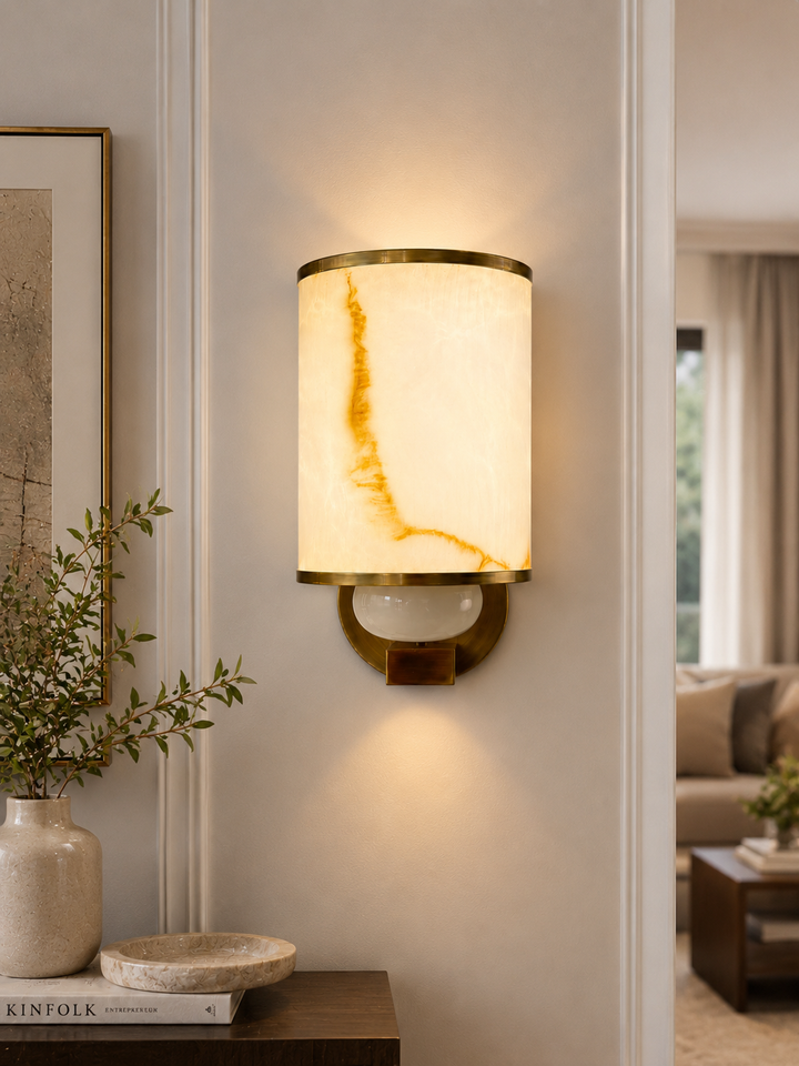 Luxury Alabaster Cylinder Wall Sconce in Antique Brass