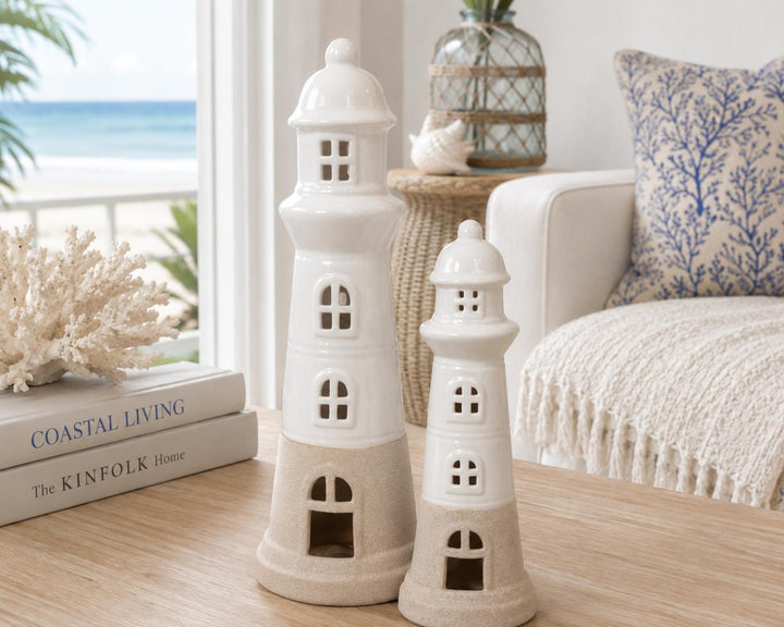 Coastal Ceramic Lighthouse Decorative Sculptures (Set of 2)