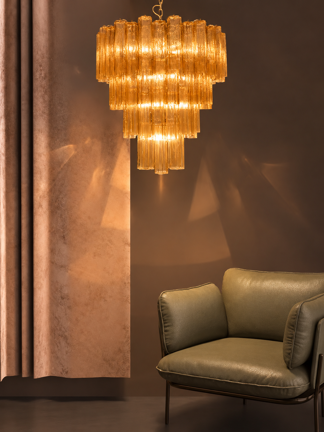 Luxury Mid-Century Tiered Amber Murano Glass Tronchi Chandelier