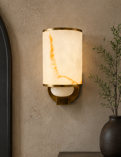Luxury Alabaster Cylinder Wall Sconce in Antique Brass