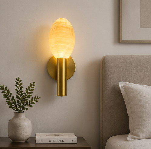 Luxury Oval Alabaster Wall Sconce in Brushed Antique Brass