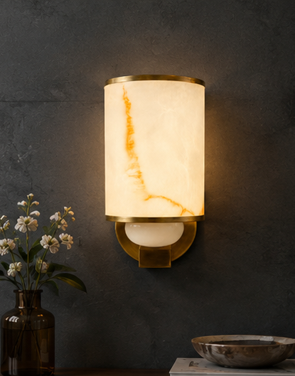 Luxury Alabaster Cylinder Wall Sconce in Antique Brass