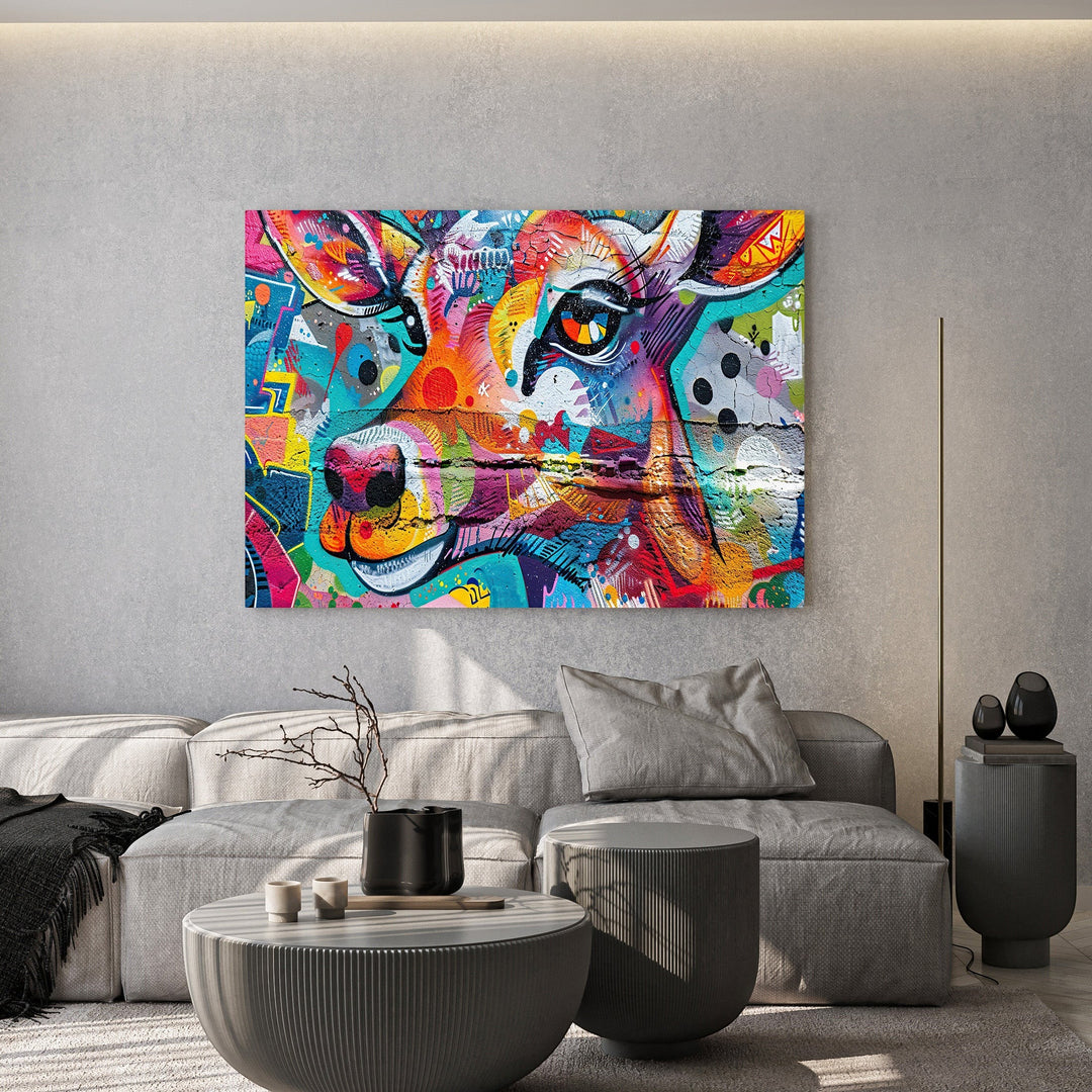 Wadi Home abstract animal canvas print with vibrant graffiti-style colors hanging above a modern grey sofa.