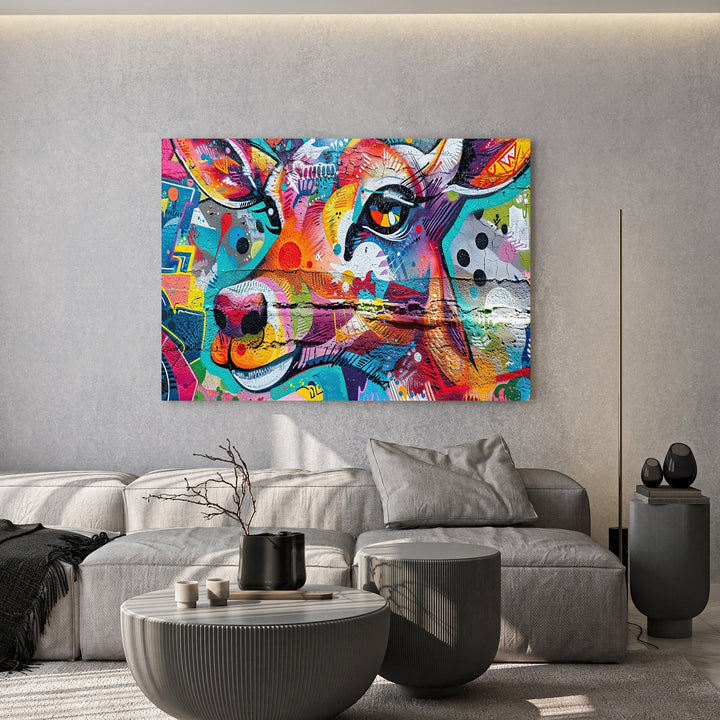 Wadi Home abstract animal canvas print with vibrant graffiti-style colors hanging above a modern grey sofa.
