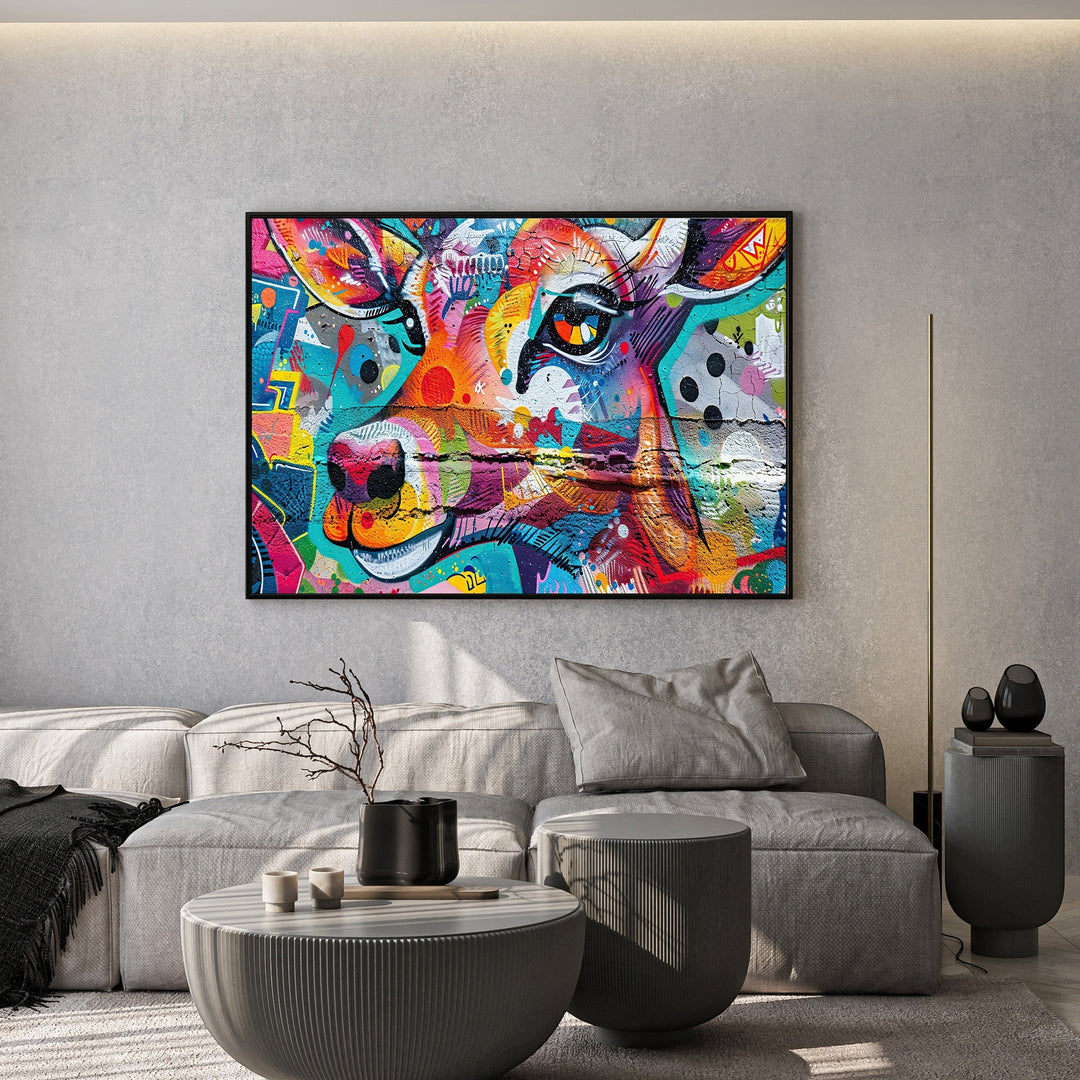 Wadi Home abstract animal canvas print with vibrant graffiti art style hanging above a modern grey sofa in a living room