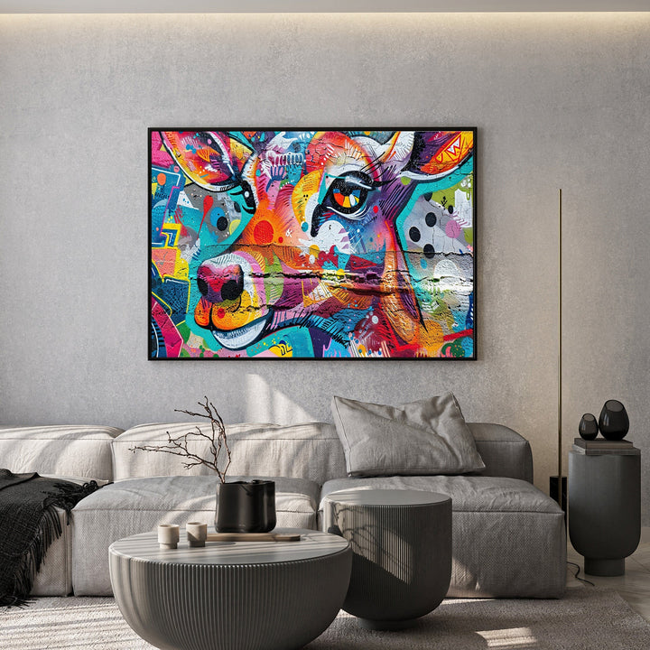 Wadi Home abstract animal canvas print with vibrant graffiti art style hanging above a modern grey sofa in a living room