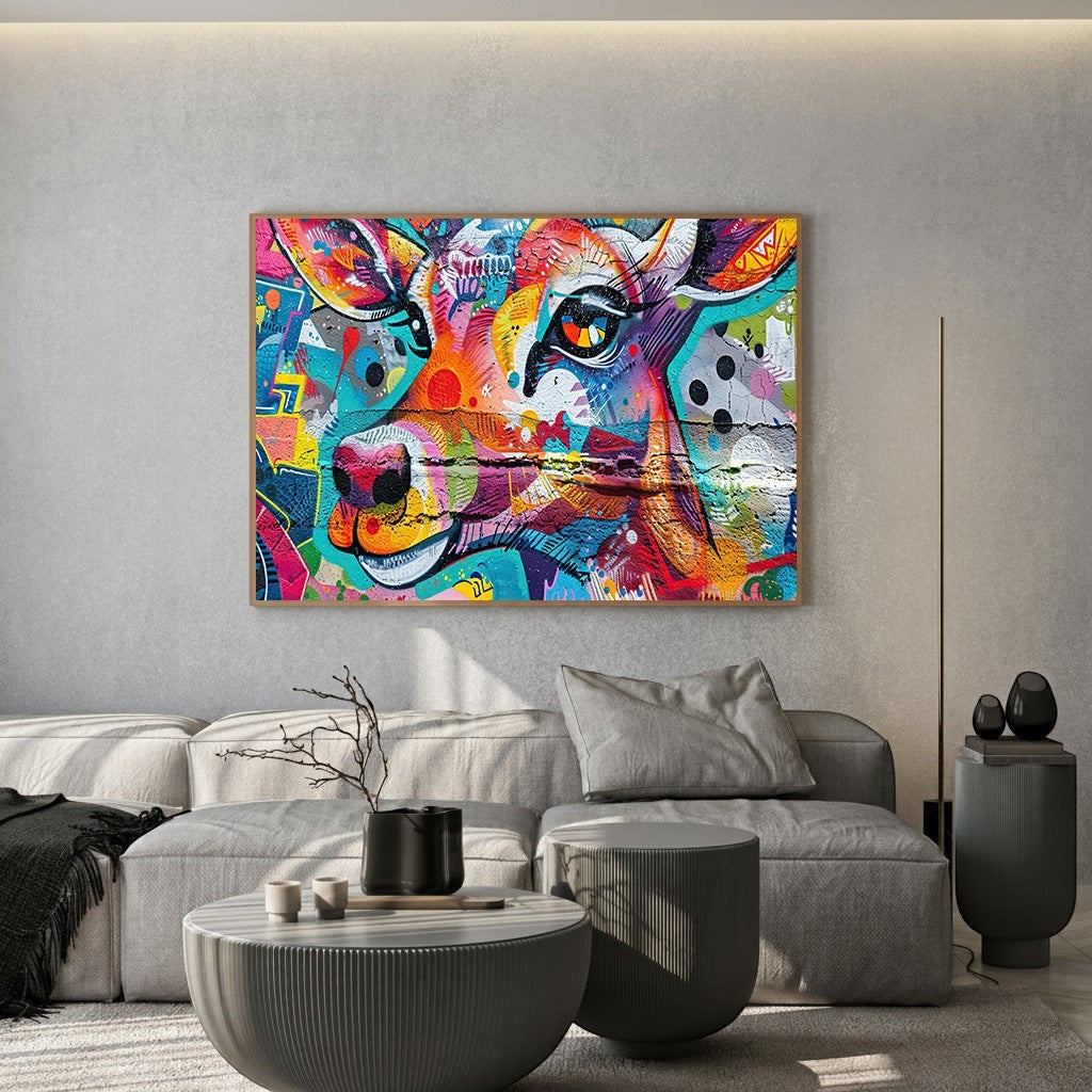 Wadi Home abstract animal canvas print with vibrant graffiti-style colors hanging above a modern grey sofa.
