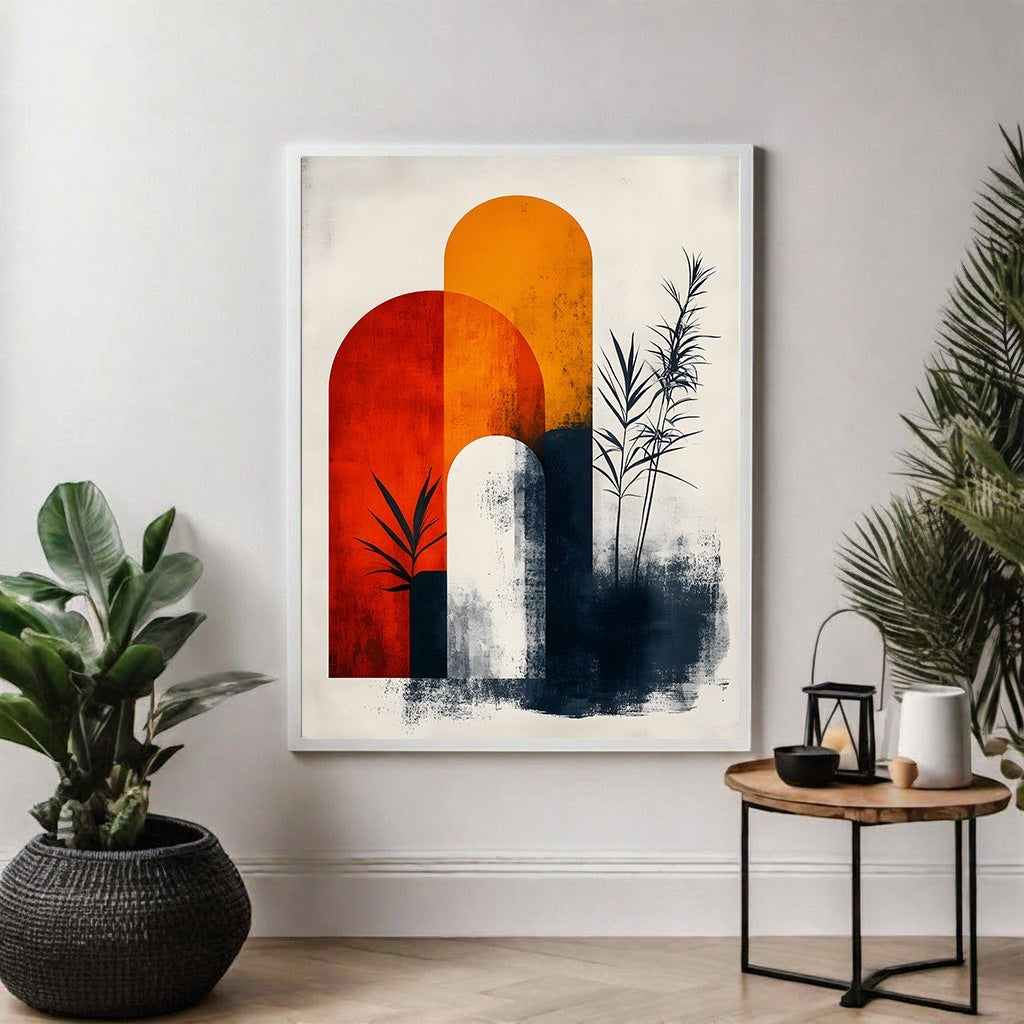Wadi Home Abstract Arch Botanical Wall Art with warm oranges, deep reds, navy blues, and botanical silhouettes.