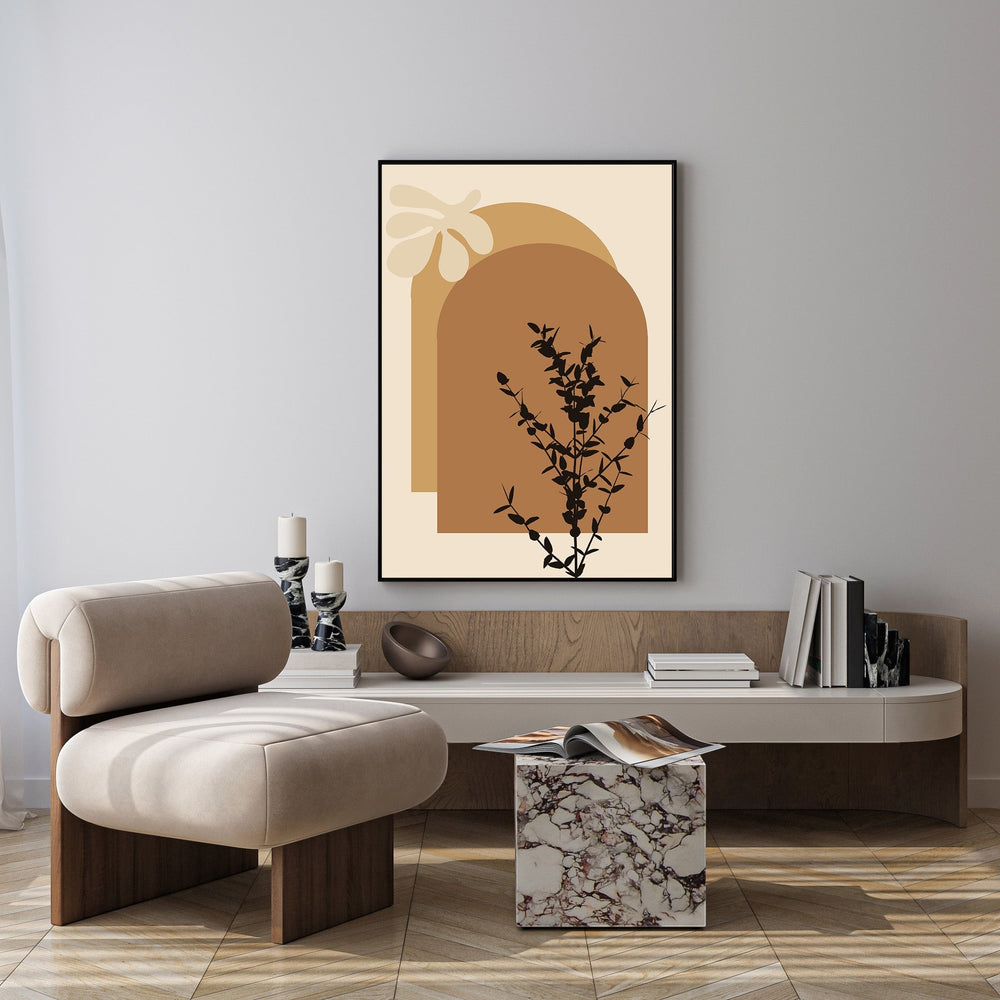 Wadi Home abstract arch botanical wall art with warm earthy tones and minimalist design.