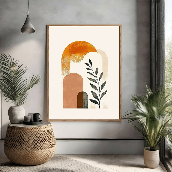 Wadi Home Abstract Arch Botanical Wall Art with terracotta, beige, and green abstract shapes and a botanical branch.