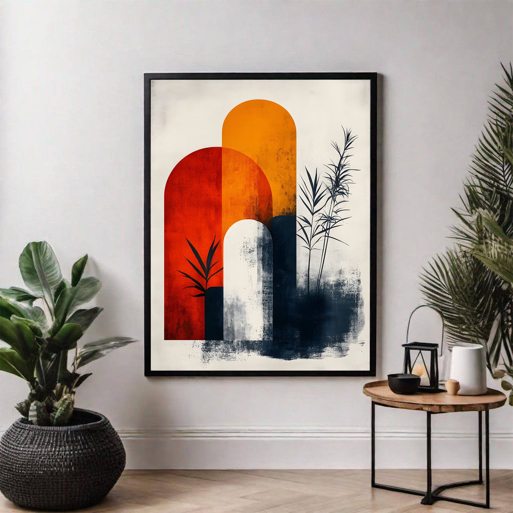 Wadi Home abstract arch botanical wall art in warm oranges, deep reds, and navy blues with minimalist botanical silhouettes.