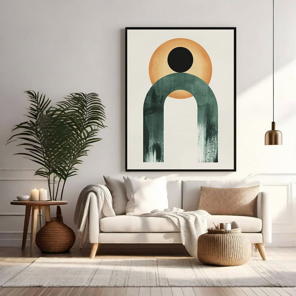 Wadi Home abstract wall art with teal arch, ochre circle, and black dot on cream background.