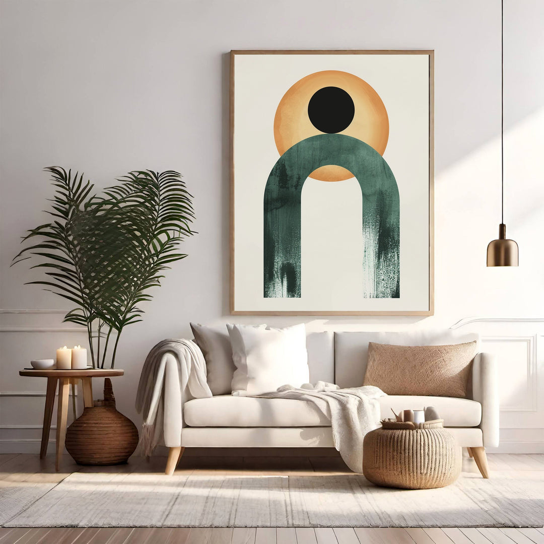 Wadi Home abstract wall art featuring a teal arch and ochre circle with black accent on a cream background.