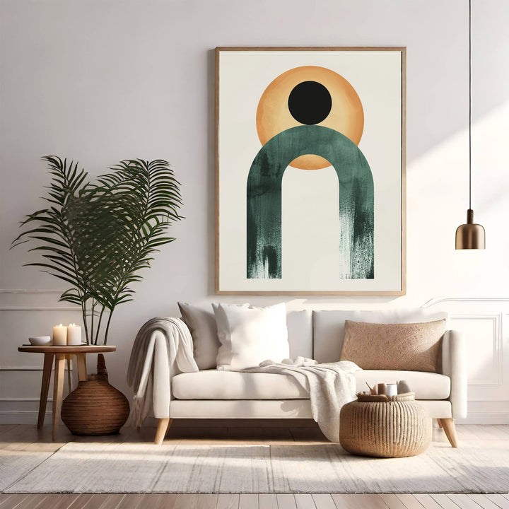 Wadi Home abstract wall art featuring a teal arch and ochre circle with black accent on a cream background.