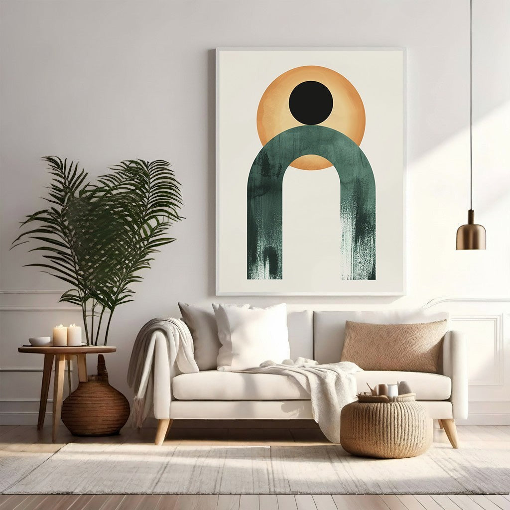 Wadi Home abstract wall art with teal arch, ochre circle, and black dot on cream background.