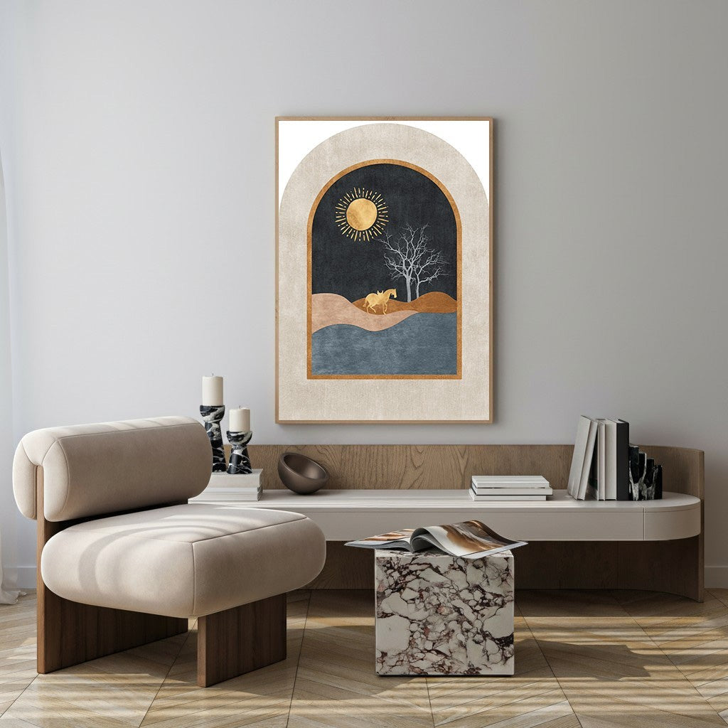 Wadi Home abstract arch landscape art with desert scene, golden sun, lone tree, horse, and neutral colors.