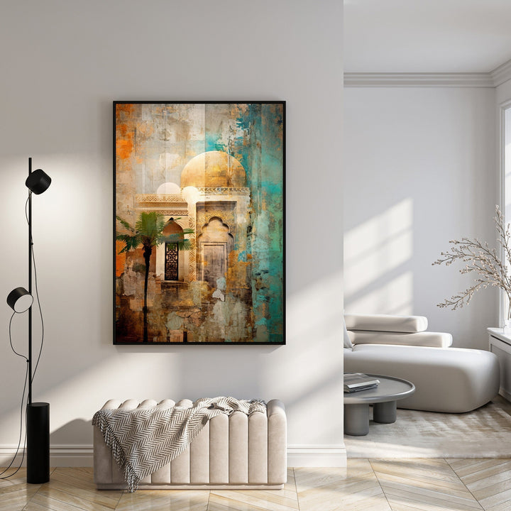 Wadi Home abstract architectural landscape art with warm tones, turquoise accents, and a palm tree.