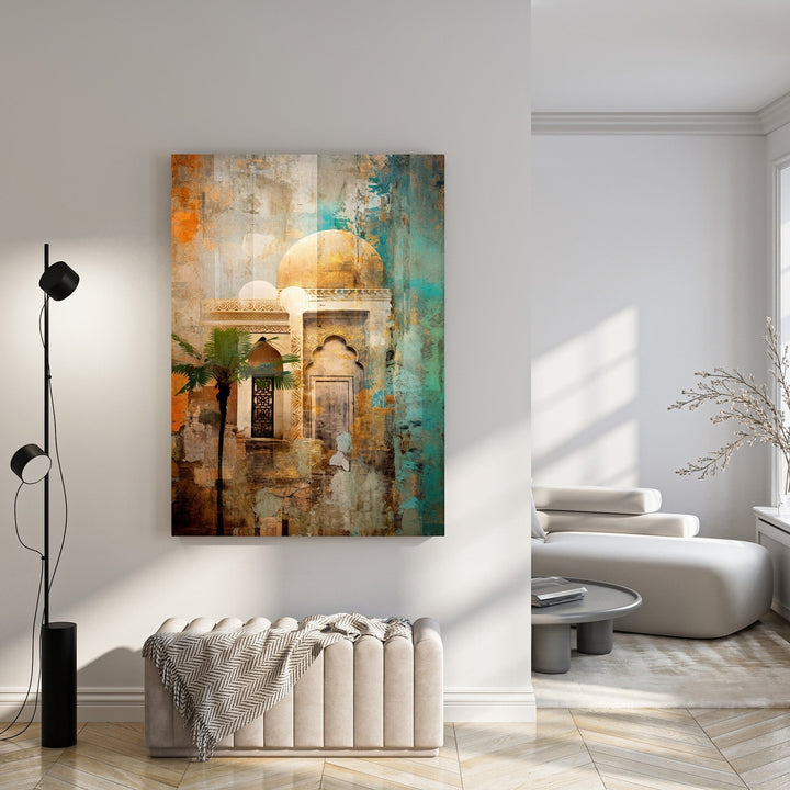 Wadi Home abstract architectural landscape art with warm tones, turquoise accents, and a palm tree.