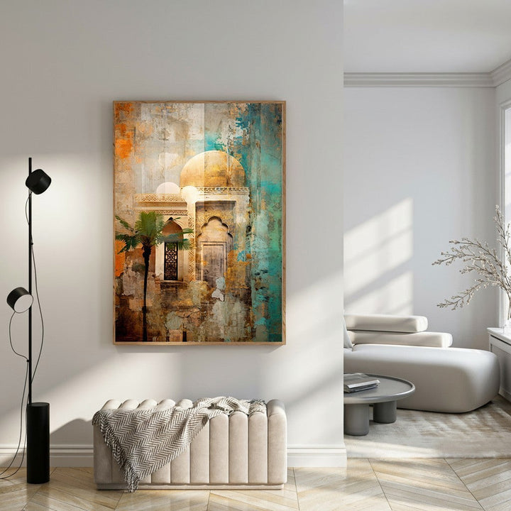 Wadi Home abstract architectural landscape art with warm oranges, blues, and earthy tones, featuring domes and a palm tree.