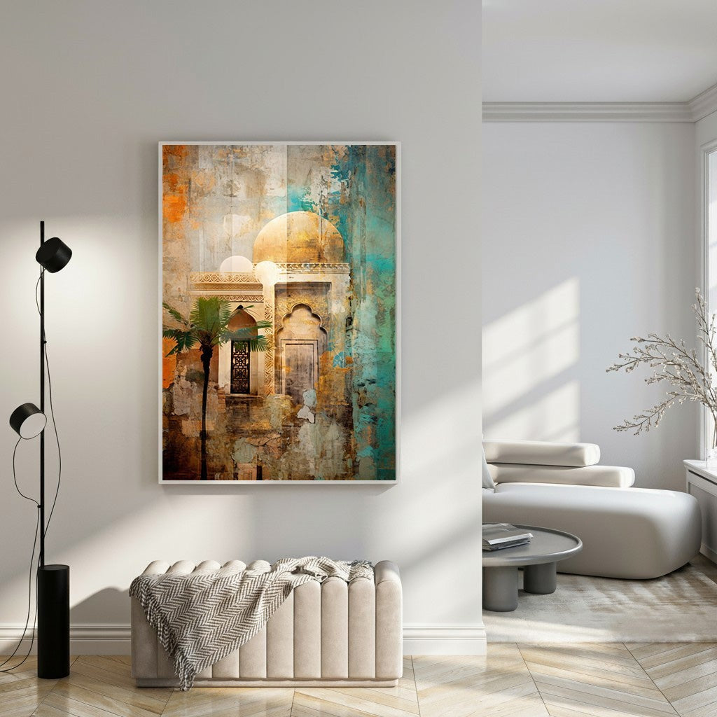 Wadi Home abstract architectural landscape art with warm tones, turquoise accents, and a palm tree.