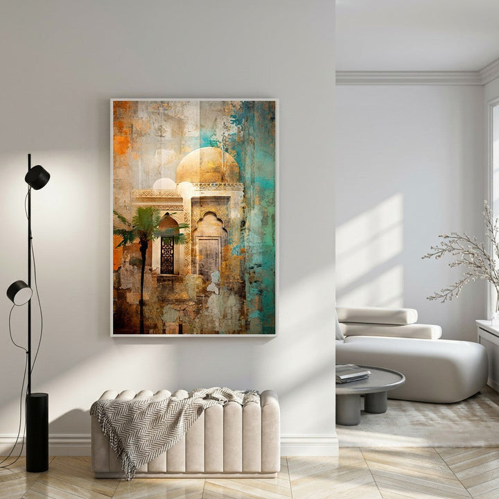 Wadi Home abstract architectural landscape art with warm tones, turquoise accents, and a palm tree.