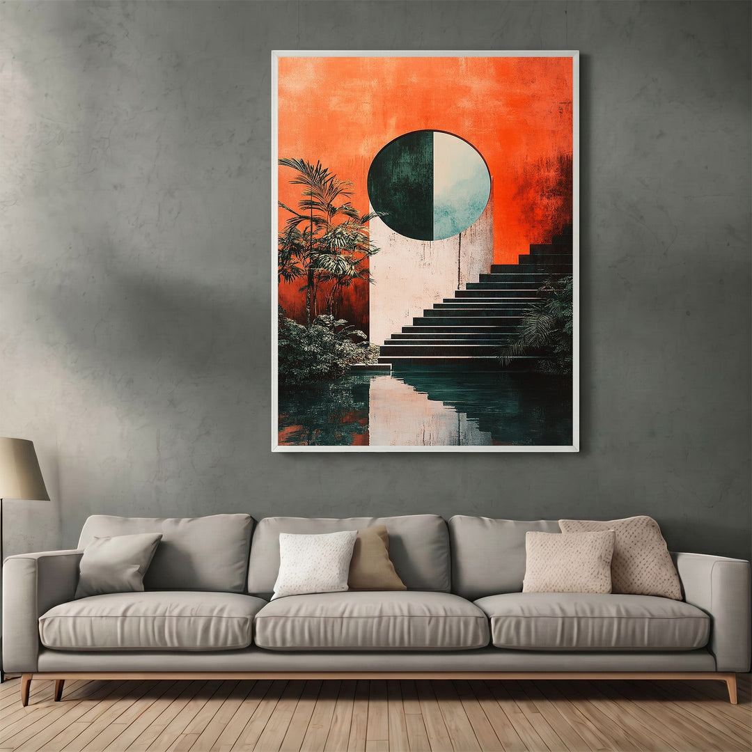 Wadi Home abstract architectural wall art print featuring a vibrant orange backdrop, staircase, and circular motif.
