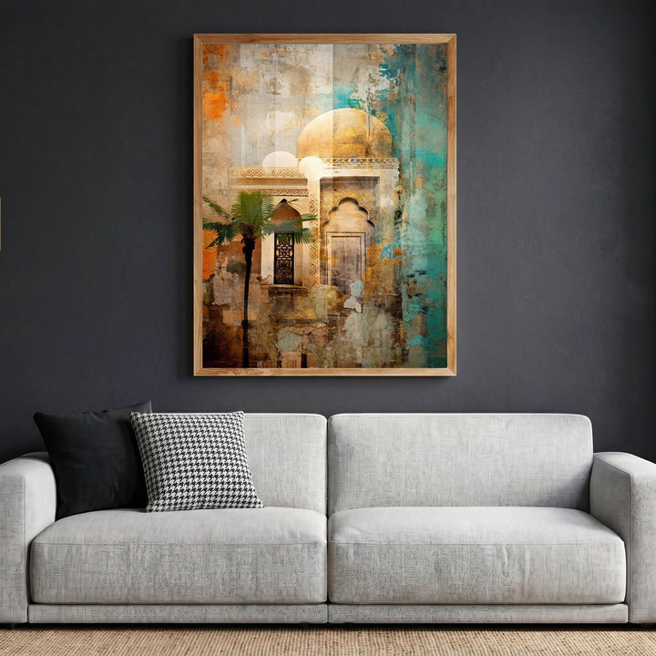 Wadi Home abstract architectural wall art print featuring a domed building in teal and orange tones above a sofa.