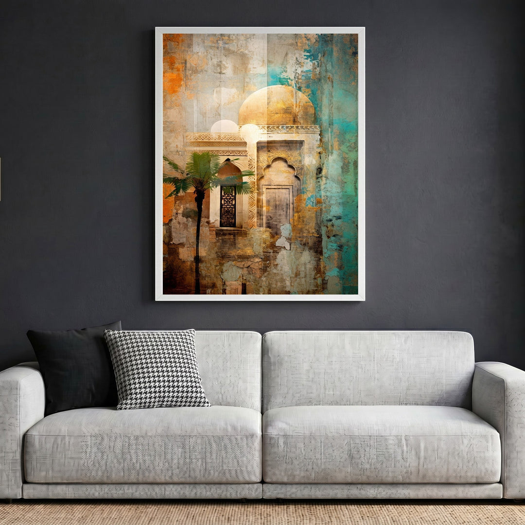 Wadi Home abstract architectural wall art print featuring domes and arches in teal and orange above a modern sofa.